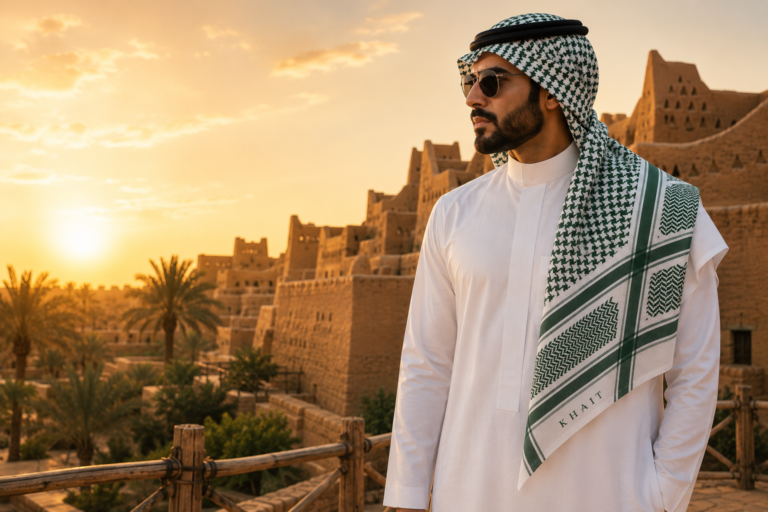 Saudi gentleman wearing the KHAIT Heritage Check green ghutra (shemagh) in a Riyadh majlis