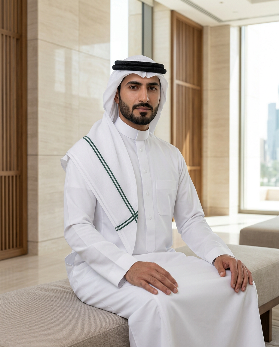Saudi gentleman wearing the Emblem Stripe ghutra (shemagh)