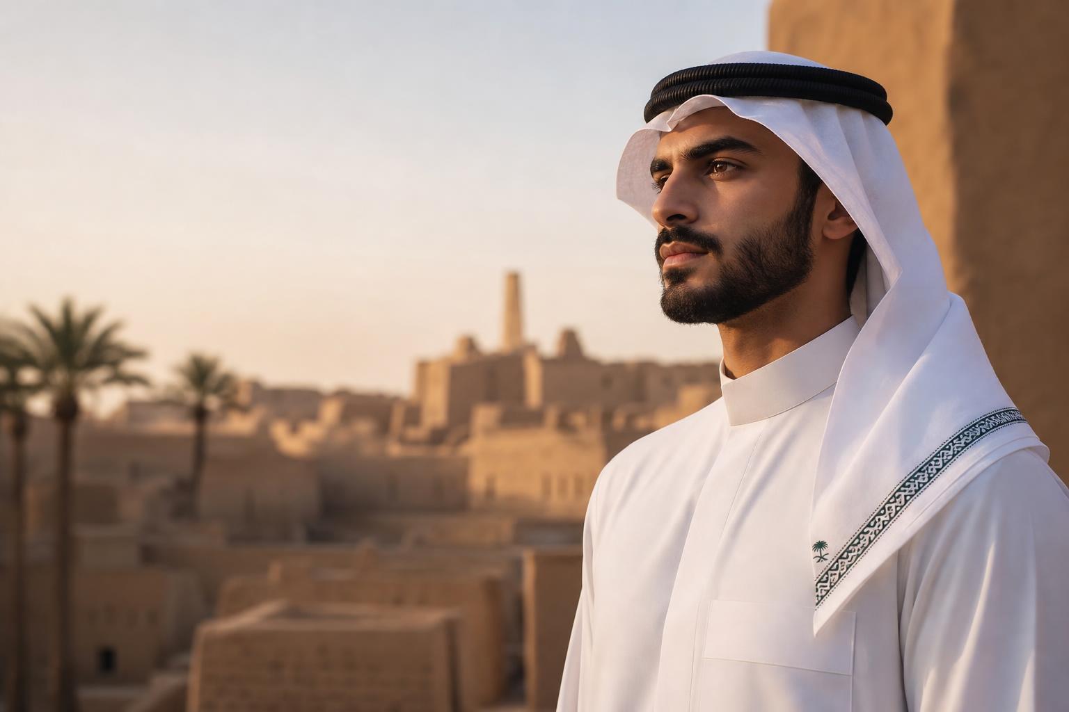 Saudi gentleman wearing a KHAIT premium ghutra at golden hour