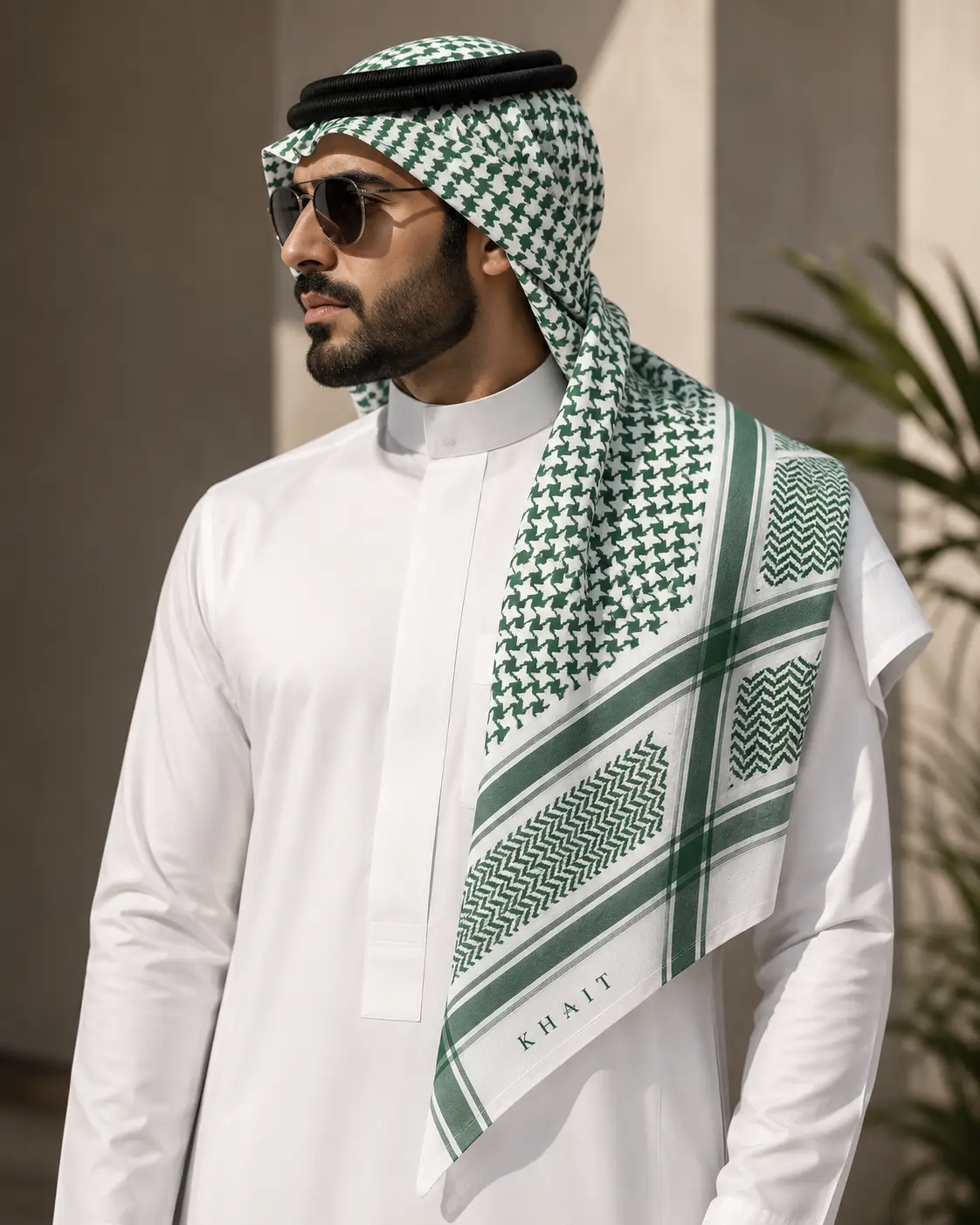 Man wearing KHAIT Green Edition ghutra - Saudi National Day edition