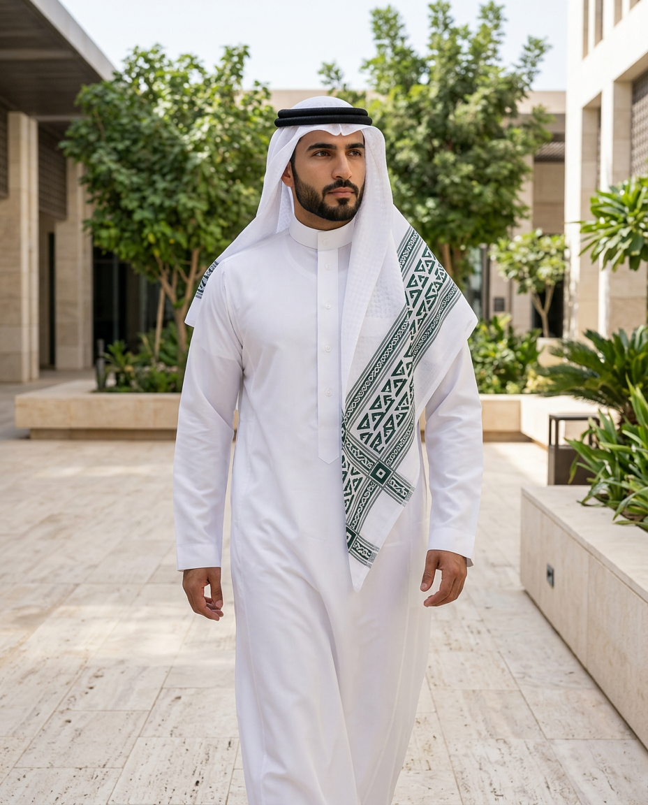 Vision Stripe ghutra (shemagh) in a contemporary Riyadh courtyard